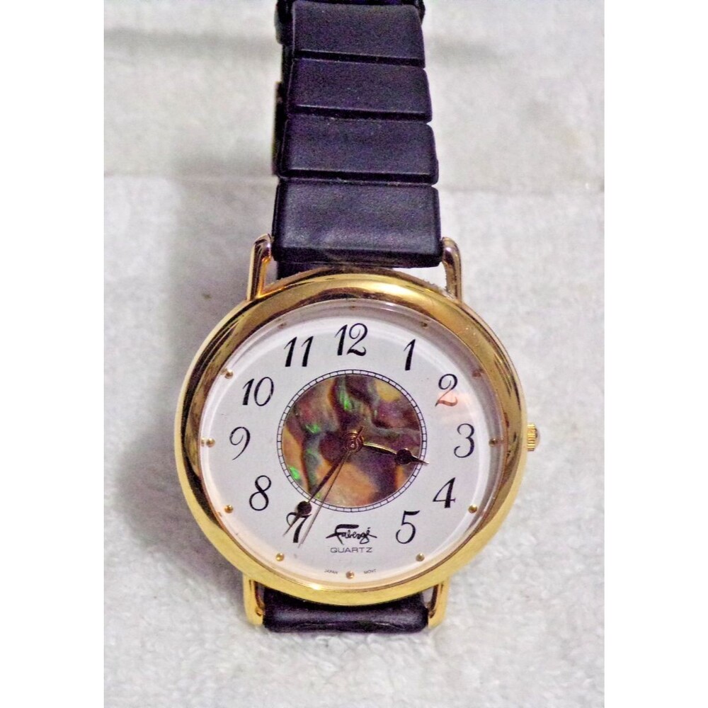 faberge Vintage Pearl Luster Watch with Black Band and Gold‎ Trim on Face Works